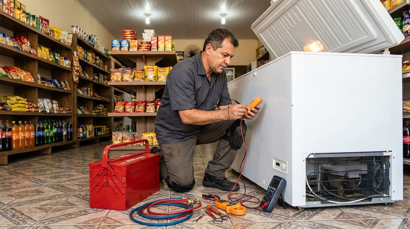 Manômetro conectado ao circuito durante recarga de gás de freezer em Florianópolis‑SC