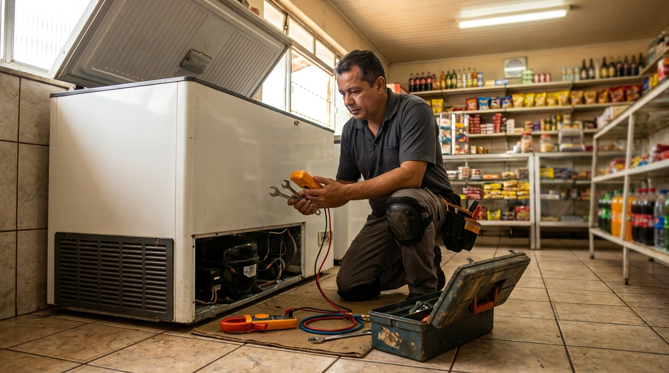 Técnico avaliando um freezer vertical durante atendimento em Florianópolis‑SC